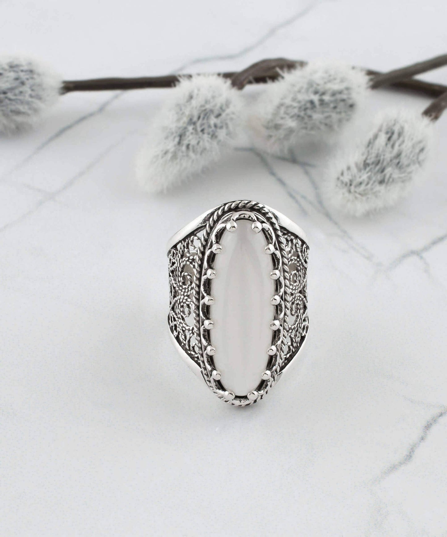 Filigree Art Mother of Pearl Gemstone Women Sterling Silver Long Statement Ring: 9