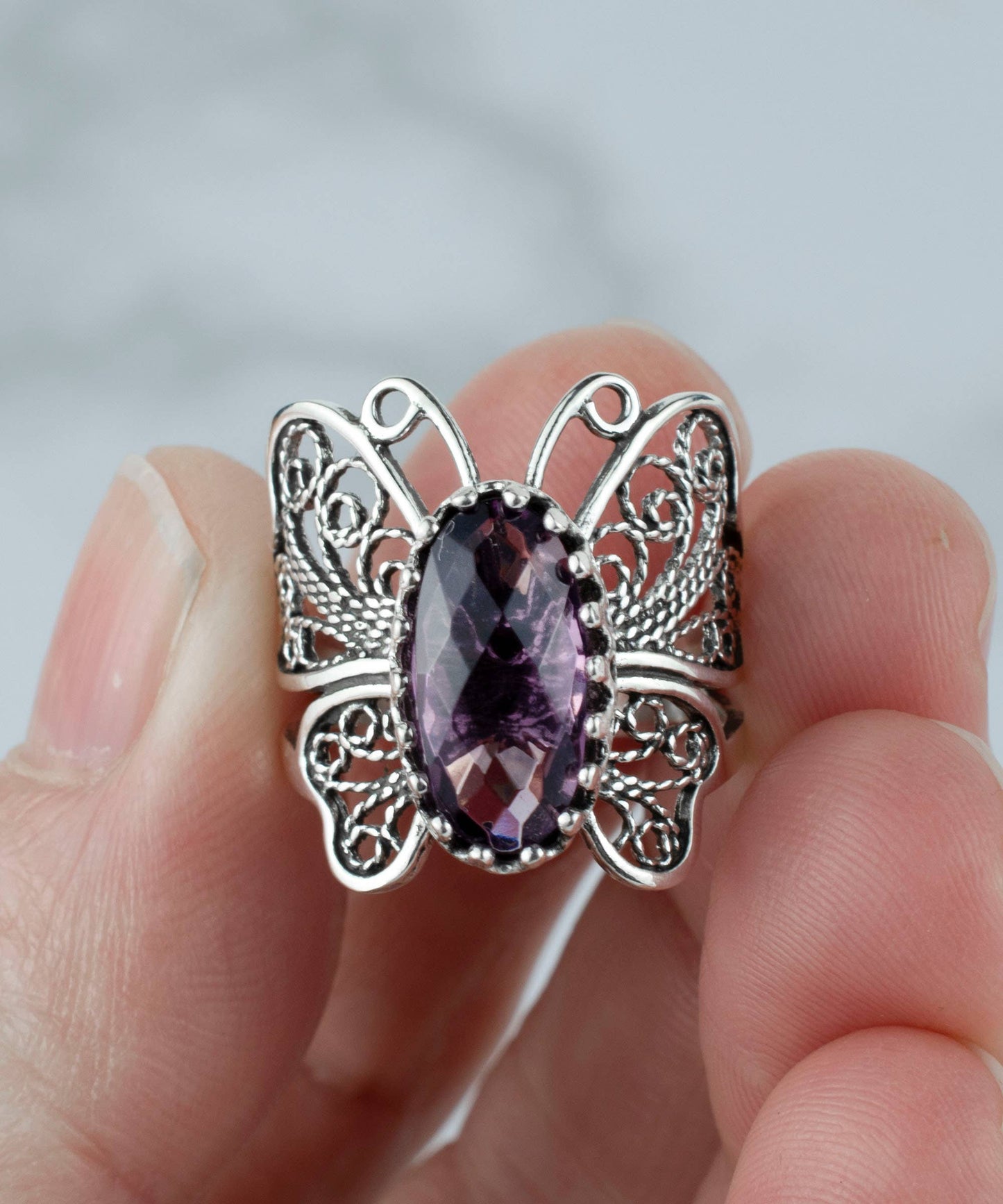 Art Amethyst Gemstone Women Butterfly Sterling Silver Ring: Amethyst / 8