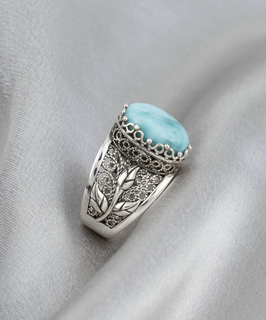 Filigree Art Larimar Gemstone Tulip Detailed Women Sterling Silver Statement Ring: 9