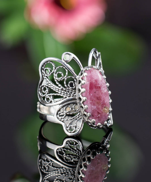 Art Rhodonite Gemstone Women Butterfly Sterling Silver Ring: 8