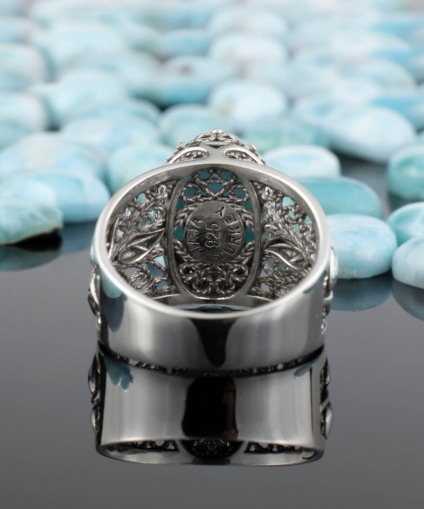 Filigree Art Larimar Gemstone Tulip Detailed Women Sterling Silver Statement Ring: 9