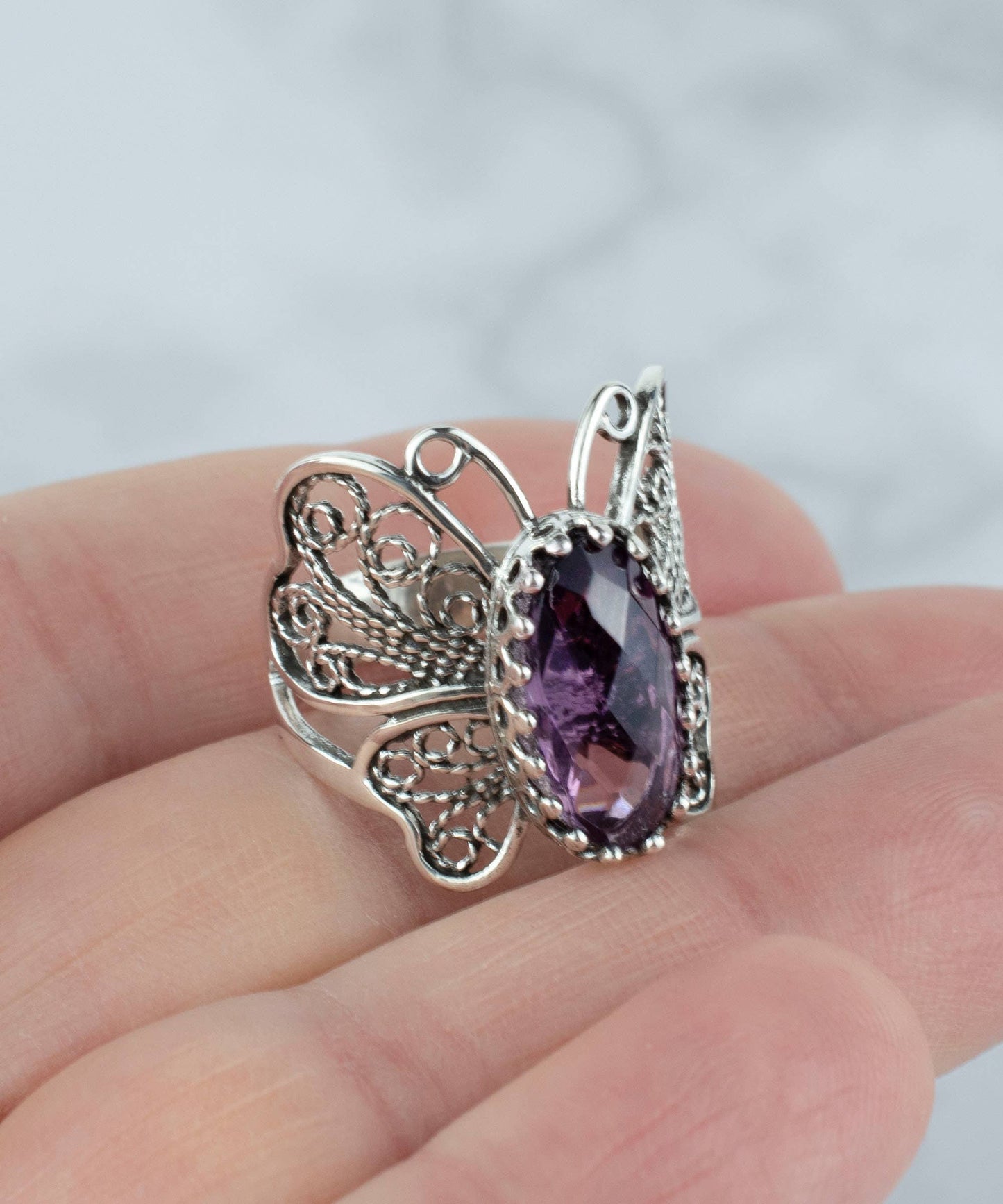 Art Amethyst Gemstone Women Butterfly Sterling Silver Ring: Amethyst / 8