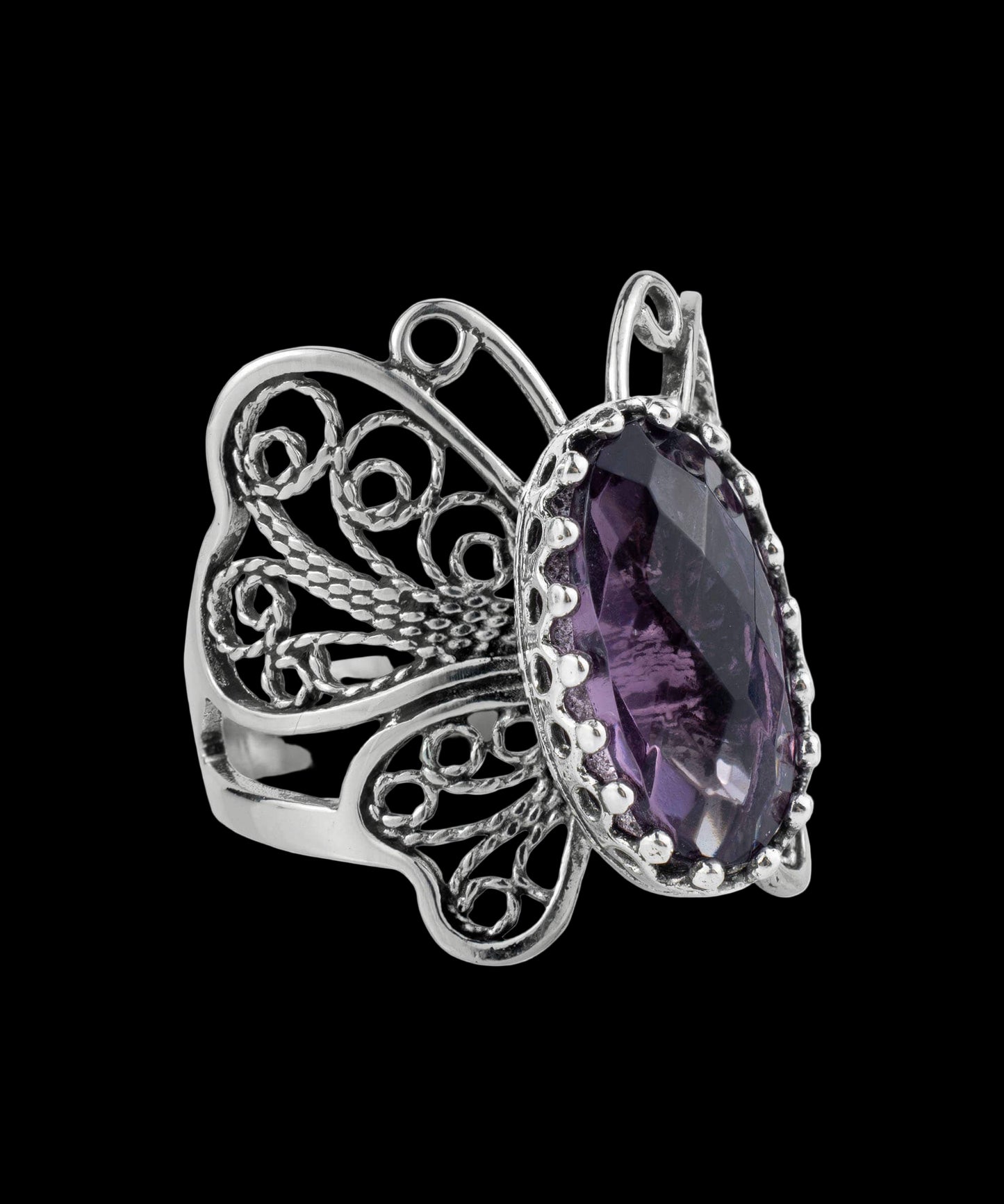 Art Amethyst Gemstone Women Butterfly Sterling Silver Ring: Amethyst / 8