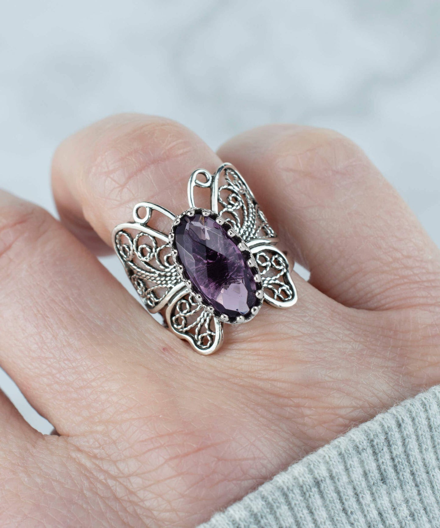 Art Amethyst Gemstone Women Butterfly Sterling Silver Ring: Amethyst / 8