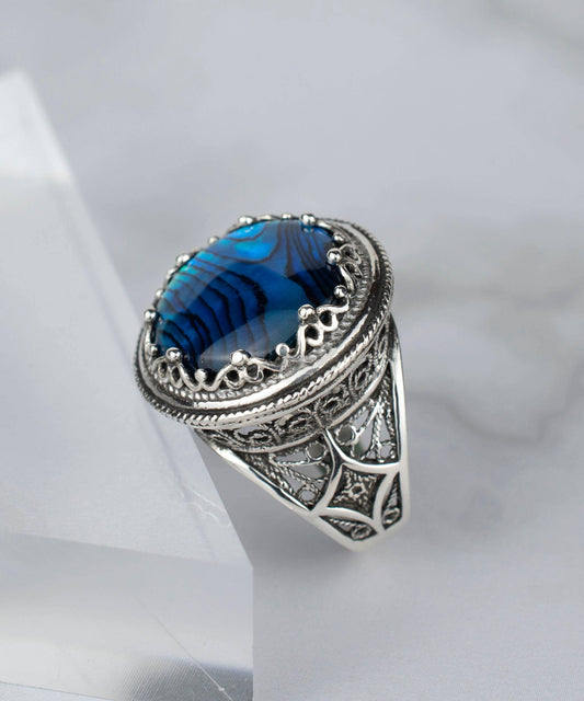 Filigree Art Blue Abalone Gemstone Women Sterling Silver Statement Ring: Blue Abalone / 11