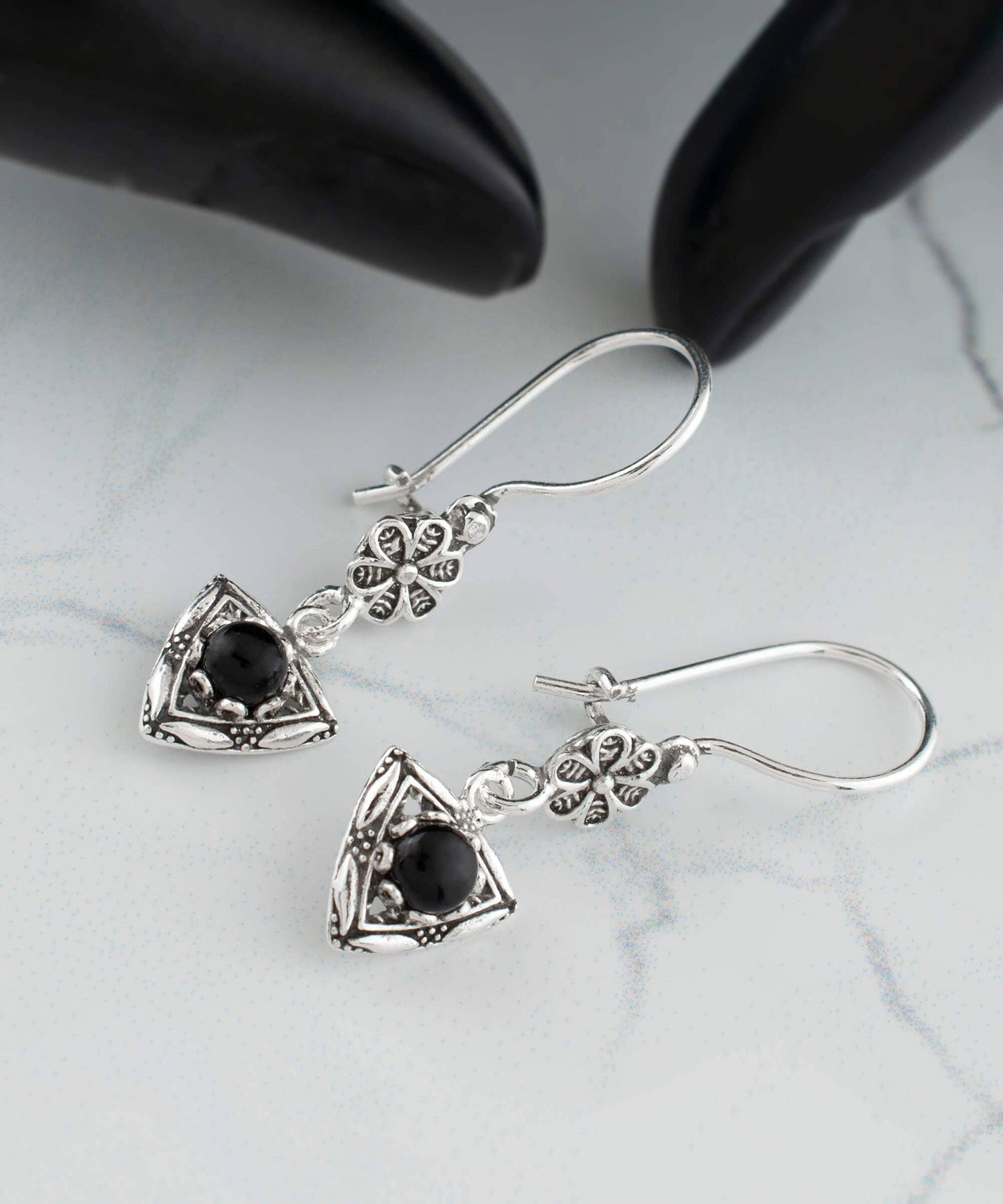 Sterling Silver Art Gemstone Dangle Women Triangle Earrings: Black Onyx