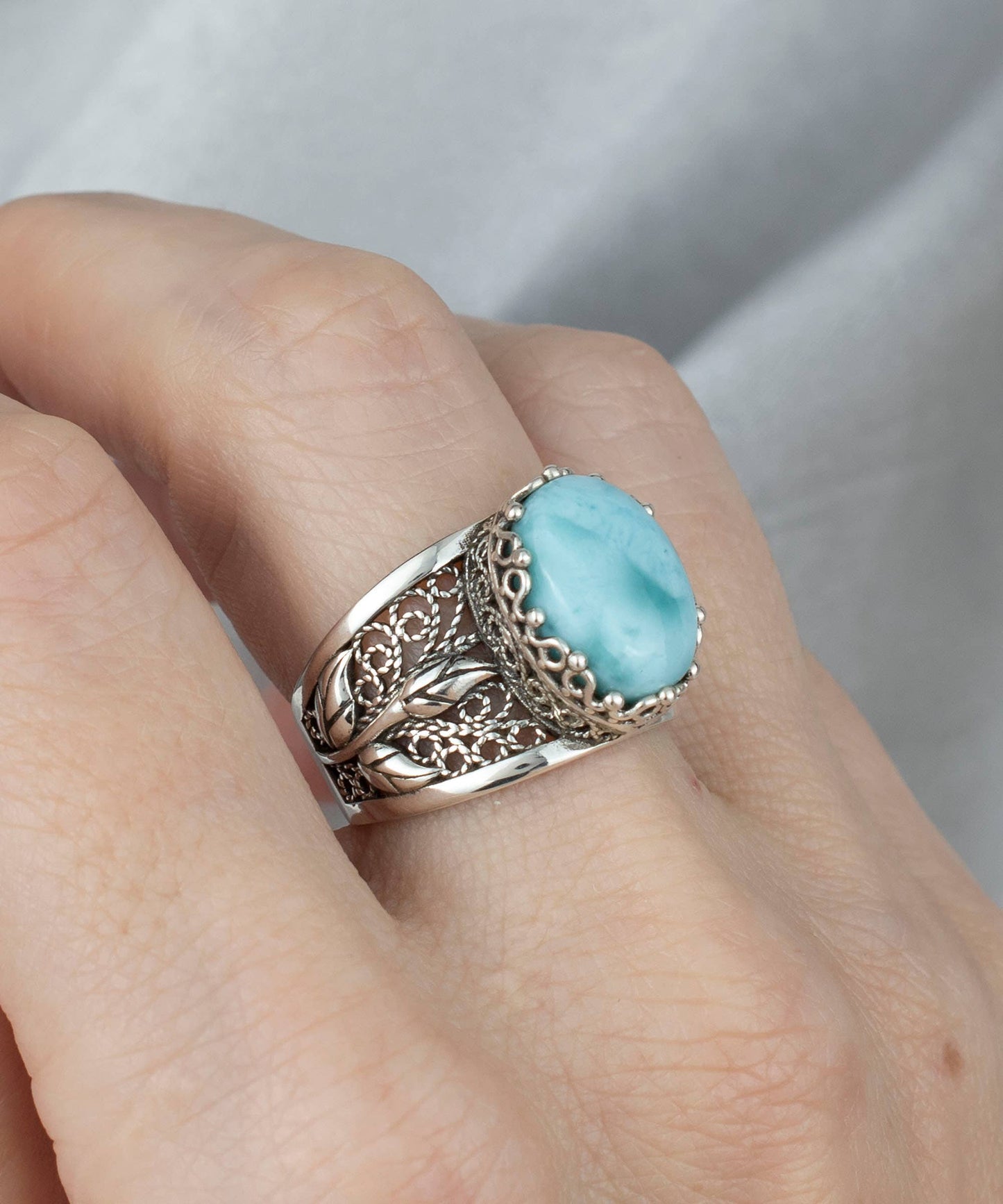 Filigree Art Larimar Gemstone Tulip Detailed Women Sterling Silver Statement Ring: 9