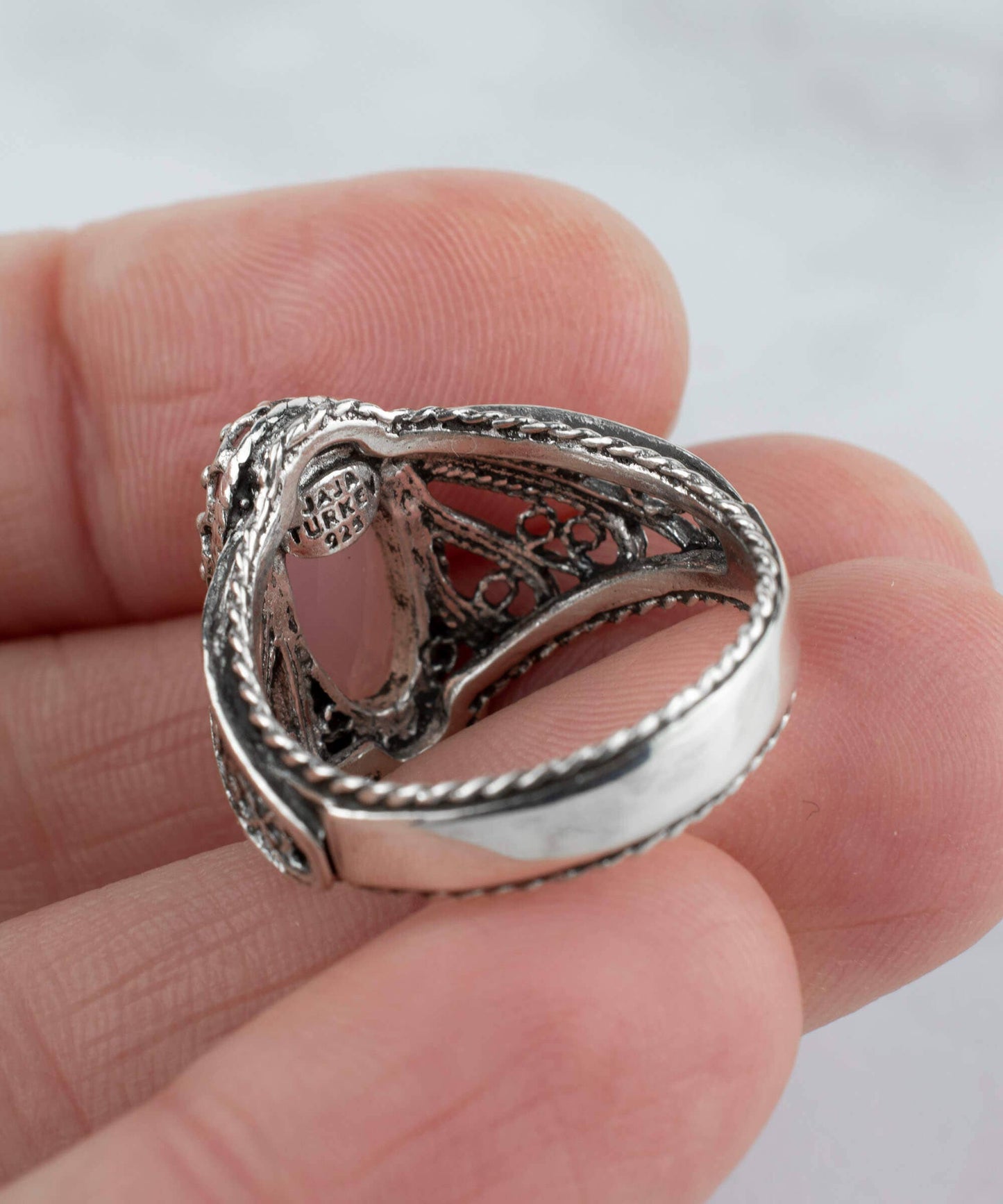 Art Pink Chalcedony Gemstone Angel Wings Women Silver Ring: Pink Chalcedony / 9