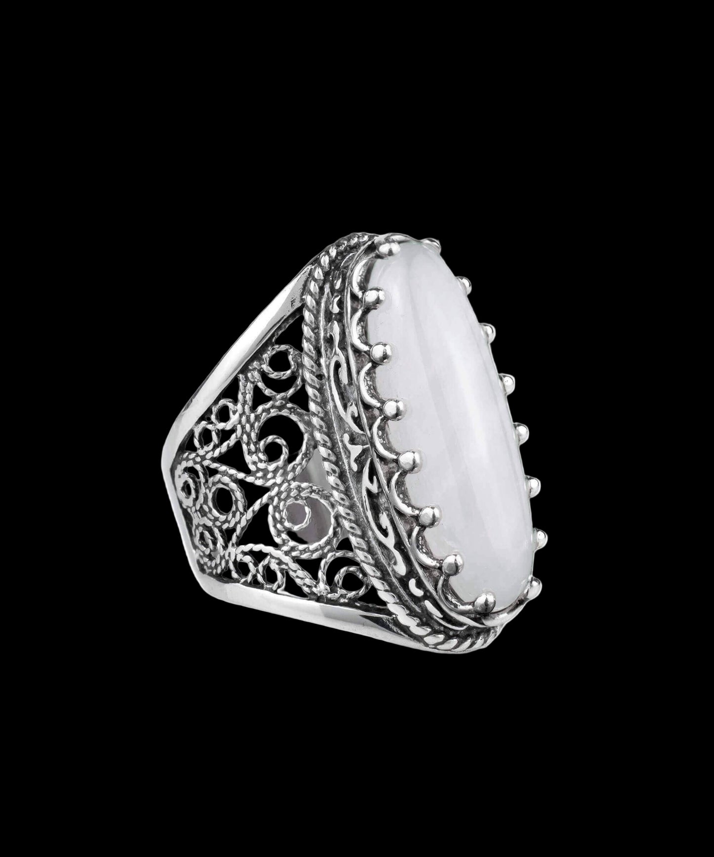 Filigree Art Mother of Pearl Gemstone Women Sterling Silver Long Statement Ring: 9
