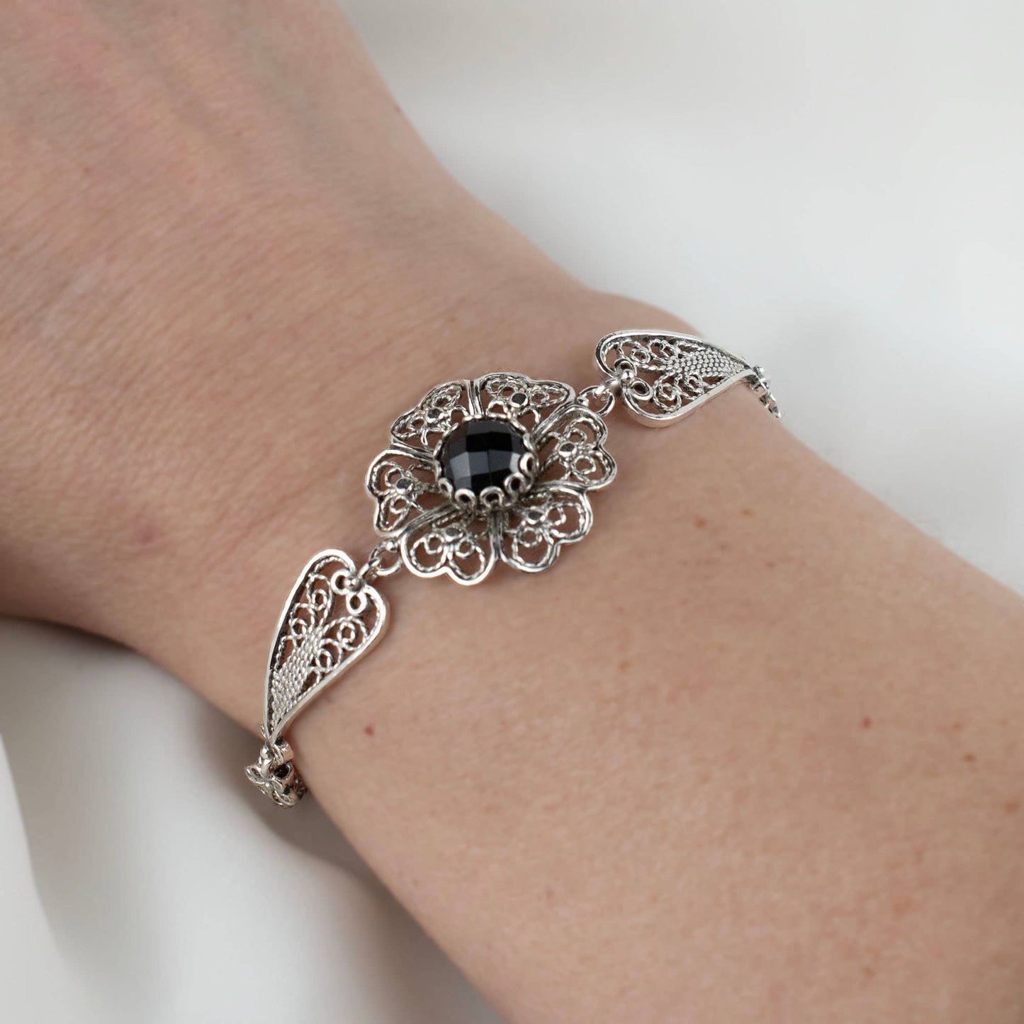 Sterling Silver Clover Flower Woman Link Bracelet: Turquoise