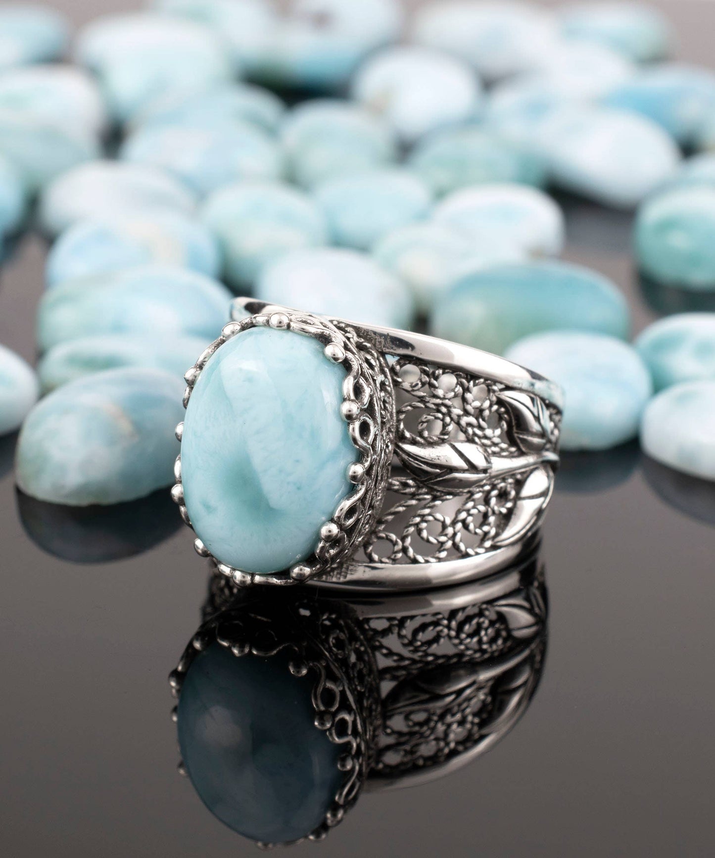 Filigree Art Larimar Gemstone Tulip Detailed Women Sterling Silver Statement Ring: 9