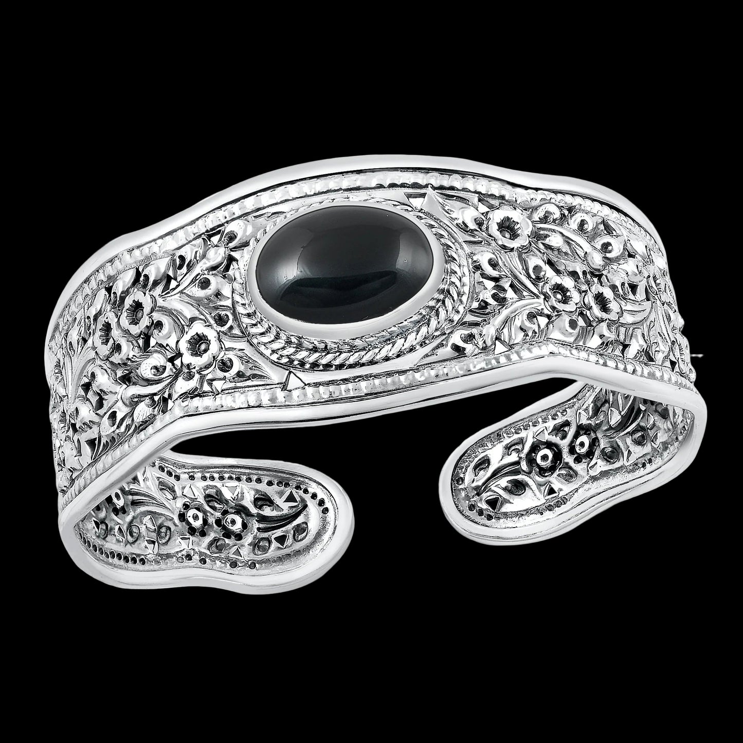 Handmade Floral Black Agate Cuff