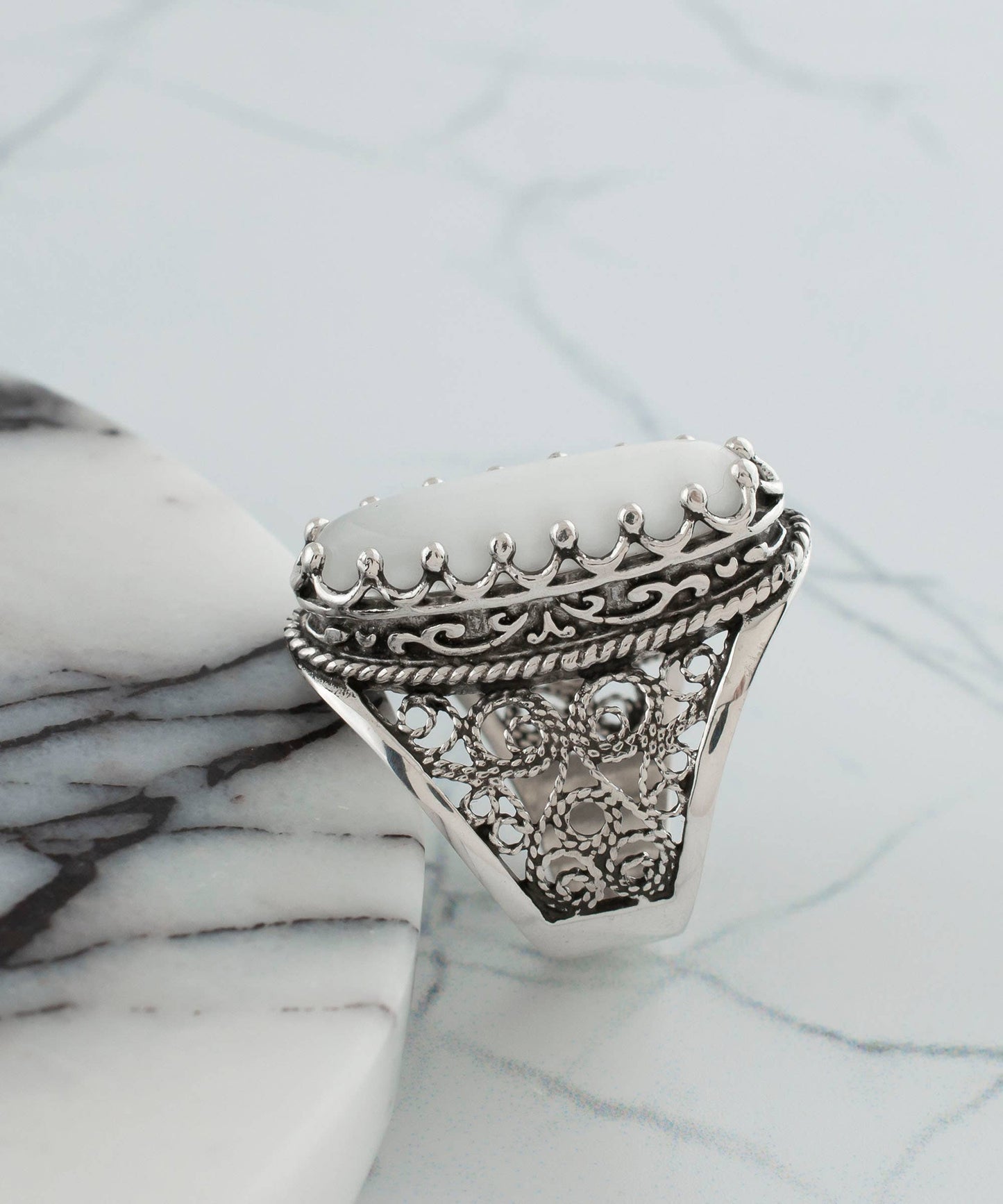 Filigree Art Mother of Pearl Gemstone Women Sterling Silver Long Statement Ring: 9