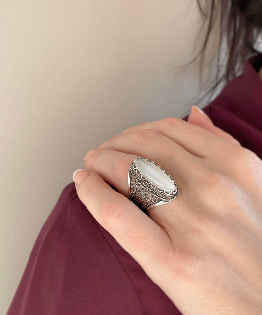 Filigree Art Mother of Pearl Gemstone Women Sterling Silver Long Statement Ring: 9