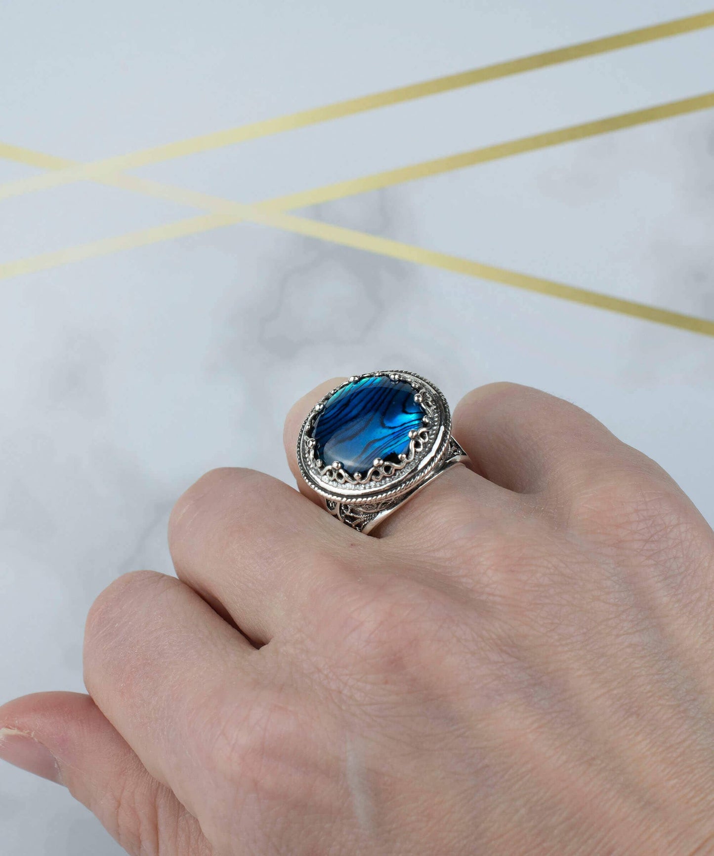 Filigree Art Blue Abalone Gemstone Women Sterling Silver Statement Ring: Blue Abalone / 11
