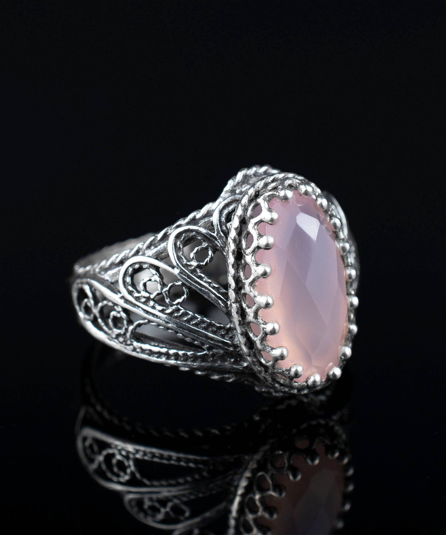 Art Pink Chalcedony Gemstone Angel Wings Women Silver Ring: Pink Chalcedony / 9