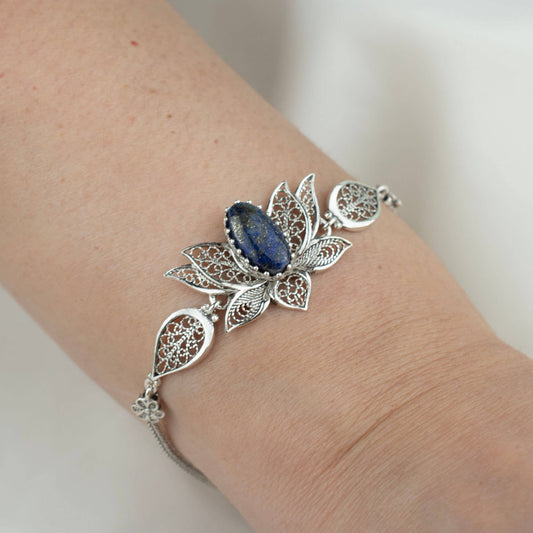 Black Onyx Gemstone Women Silver Lotus Flower Link Bracelet: Black Onyx