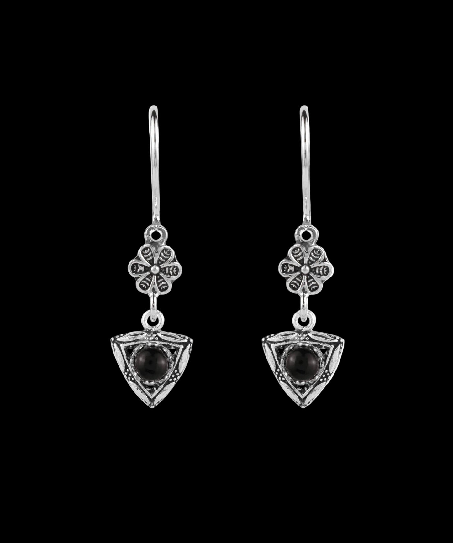 Sterling Silver Art Gemstone Dangle Women Triangle Earrings: Black Onyx