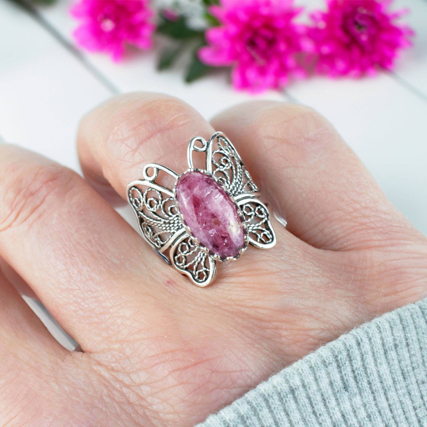 Art Rhodonite Gemstone Women Butterfly Sterling Silver Ring: 8