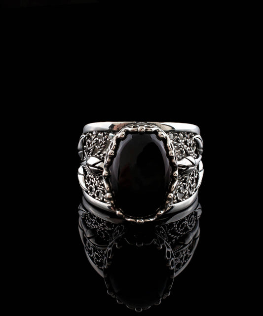 Filigree Art Black Onyx Gemstone Tulip Detailed Women Sterling Silver Statement Ring: Black Onyx / 8
