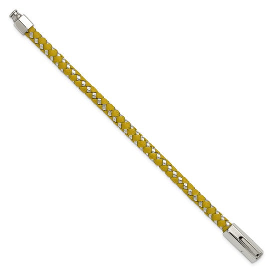 Stainless Steel with Yellow Rubber Braided 7in Bracelet