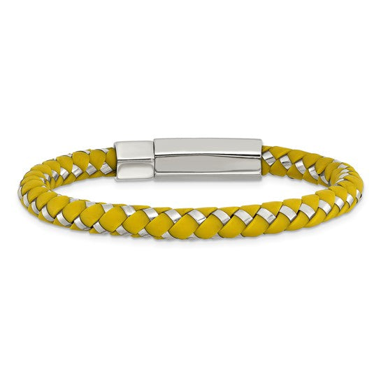 Stainless Steel with Yellow Rubber Braided 7in Bracelet