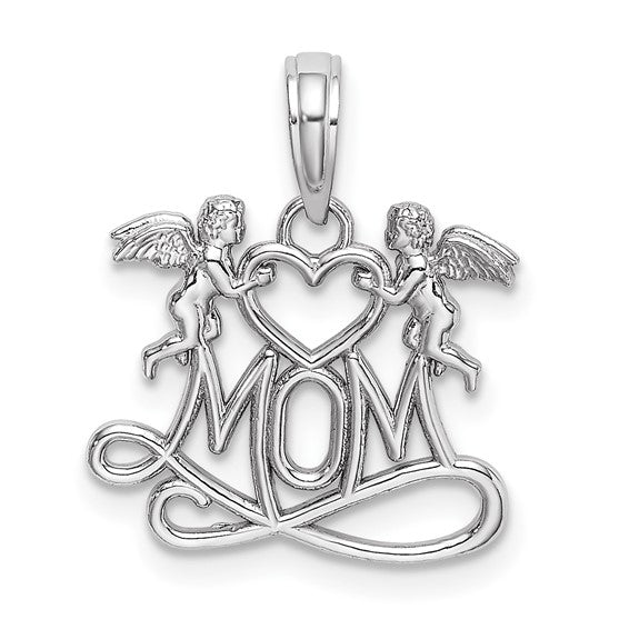 10k White Gold Polished MOM with Heart and Angels Pendant (Pendant only)