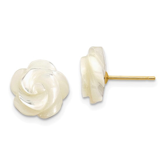 10k 10mm White Mother of Pearl Flower Design Post Stud Earrings