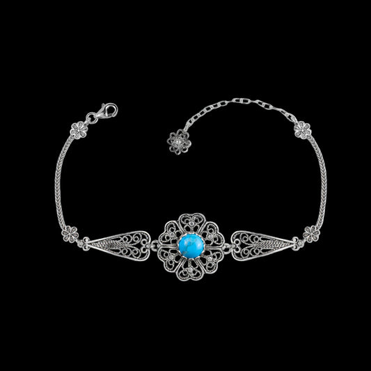 Sterling Silver  Clover Flower Woman Link Bracelet: Turquoise