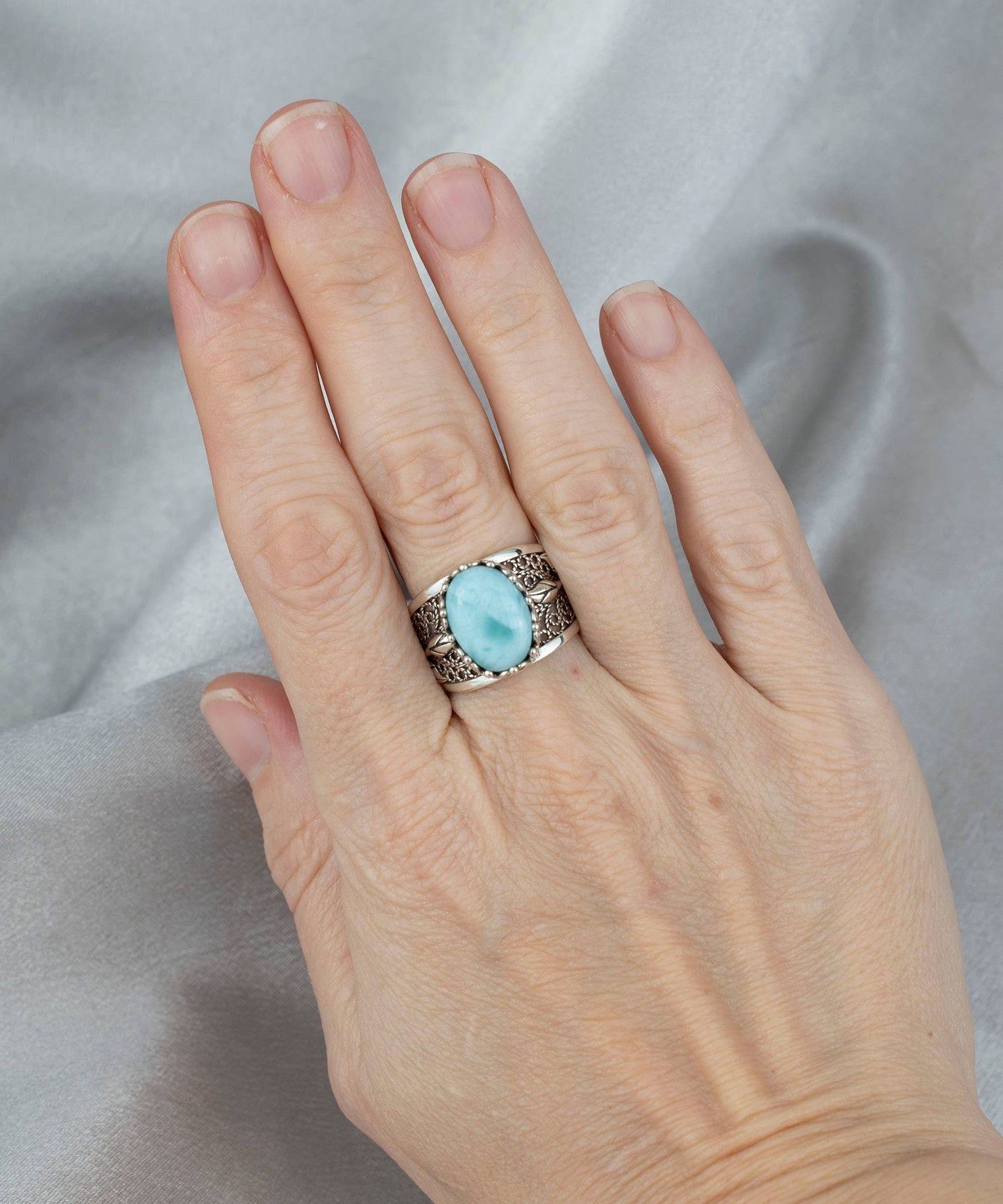 Filigree Art Larimar Gemstone Tulip Detailed Women Sterling Silver Statement Ring: 9