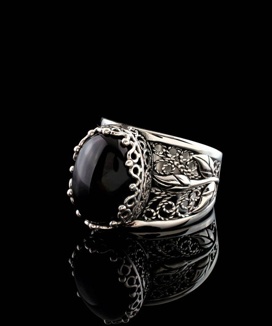 Filigree Art Black Onyx Gemstone Tulip Detailed Women Sterling Silver Statement Ring: Black Onyx / 8