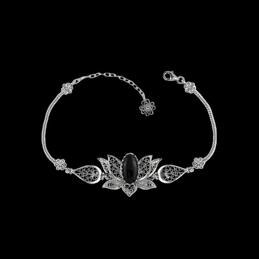Black Onyx Gemstone Women Silver Lotus Flower Link Bracelet: Black Onyx