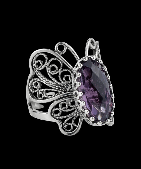 Art Amethyst Gemstone Women Butterfly Sterling Silver Ring: Amethyst / 8