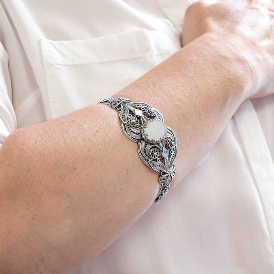 Sterling Silver  Art Mother of Pearl Cuff Bracelet