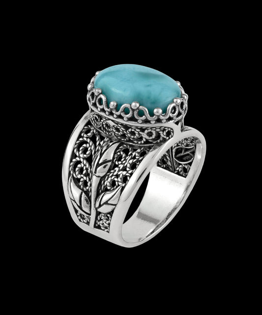 Filigree Art Larimar Gemstone Tulip Detailed Women Sterling Silver Statement Ring: 9