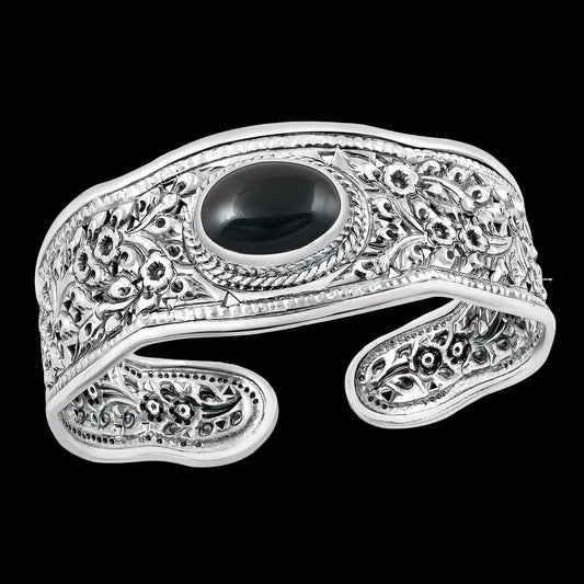 Handmade Floral Black Agate Cuff
