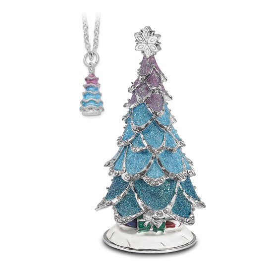 Luxury Giftware Pewter Bejeweled Crystals Silver-tone Enameled ARCTIC BLUE Christmas Tree Trinket Box with Matching 18 Inch Necklace