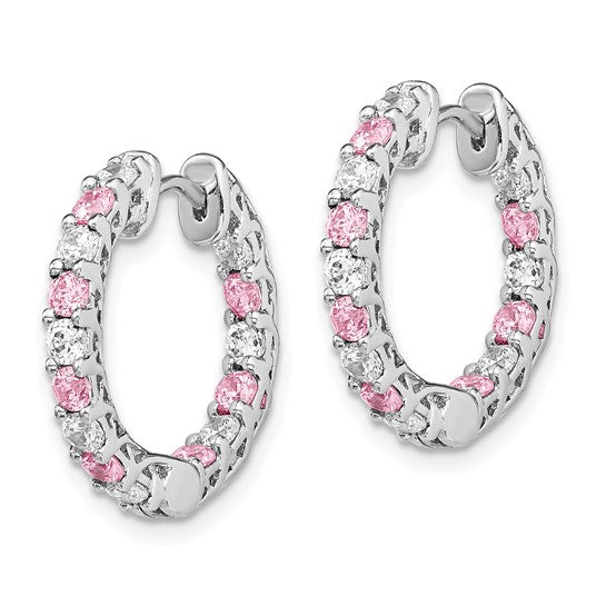 Sterling Silver Rhodium-plated Pink and White Diamonore CZ In/Out Round Hoop Earrings 20mm