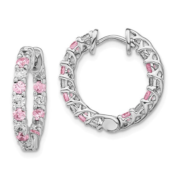 Sterling Silver Rhodium-plated Pink and White Diamonore CZ In/Out Round Hoop Earrings 20mm