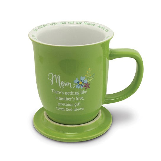 MOM with Proverbs 31:28 Green Floral 15 oz. Ceramic Mug and Coaster Set Boxed