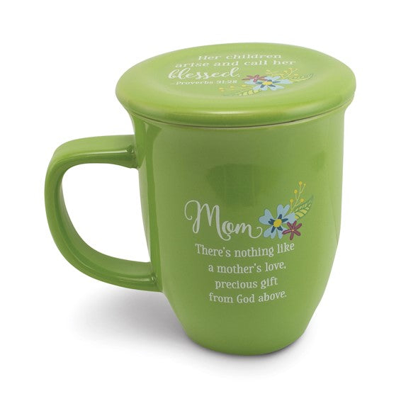 MOM with Proverbs 31:28 Green Floral 15 oz. Ceramic Mug and Coaster Set Boxed