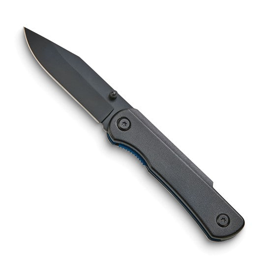 Black-plated Stainless Steel with Blue Edge Trim and Black Aluminum Handle Locking Pocket Knife