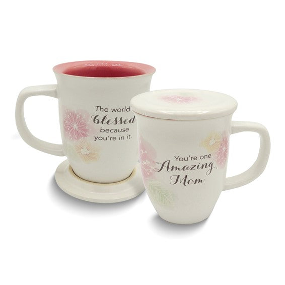 YOU'RE ONE AMAZING MOM Pink Floral 15 oz. Ceramic Mug and Coaster Set