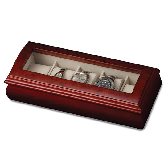 Domed Glass Lid Cherry Finish Faux Suede Lined Wooden 5-Watch Case