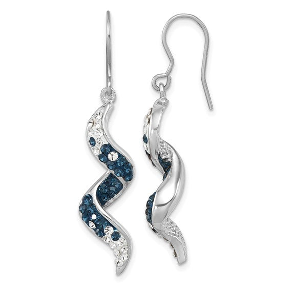 Sterling Silver Rhodium-Plated Long Twirl Crystal Wave Dangle Earrings