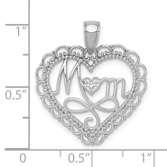 14K White Gold Polished MOM Scallop Heart Pendant (Pendant only)