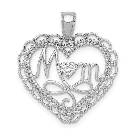 14K White Gold Polished MOM Scallop Heart Pendant (Pendant only)