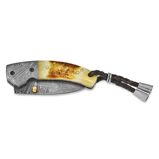 Luxury Giftware Damascus Steel 256 Layer Folding Blade Tinted Camel Bone Handle Knife with Leather Sheath and Wooden Gift Box