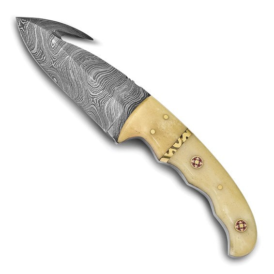 Luxury Giftware Damascus Steel 256 Layer 9in Fixed Blade with Gut Hook Camel Bone Handle Knife with Leather Sheath and Gift Box