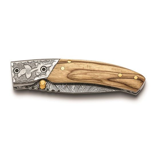 Luxury Giftware Damascus Steel 256 Layer Folding Blade Olive Wood Handle Knife with Leather Sheath and Wooden Gift Box